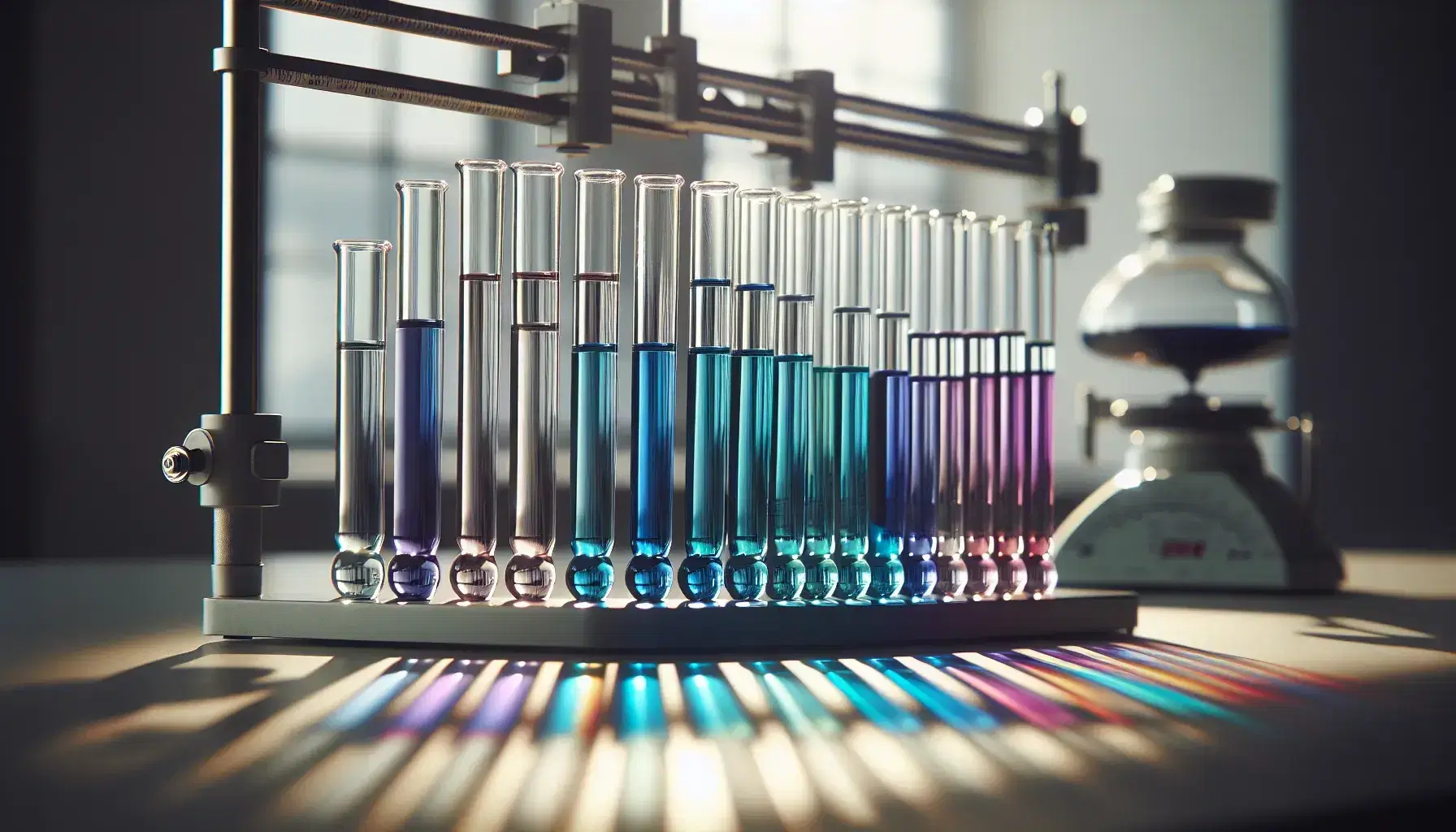 Serie di provette in vetro con liquidi colorati da azzurro a viola su banco laboratorio, effetto spettro cromatico, bilancia analitica sfocata sullo sfondo.