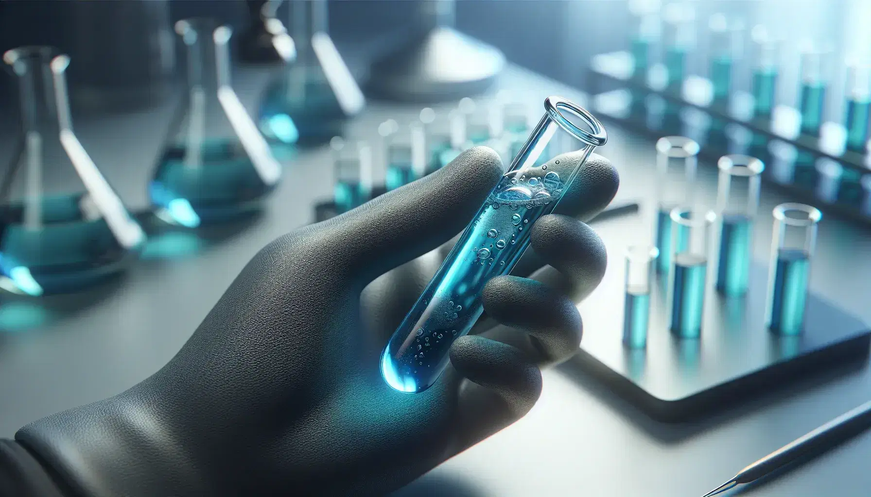 Close-up of a glass test tube with blue liquid held by a gloved hand in a defocused laboratory, with scientific equipment in the background.