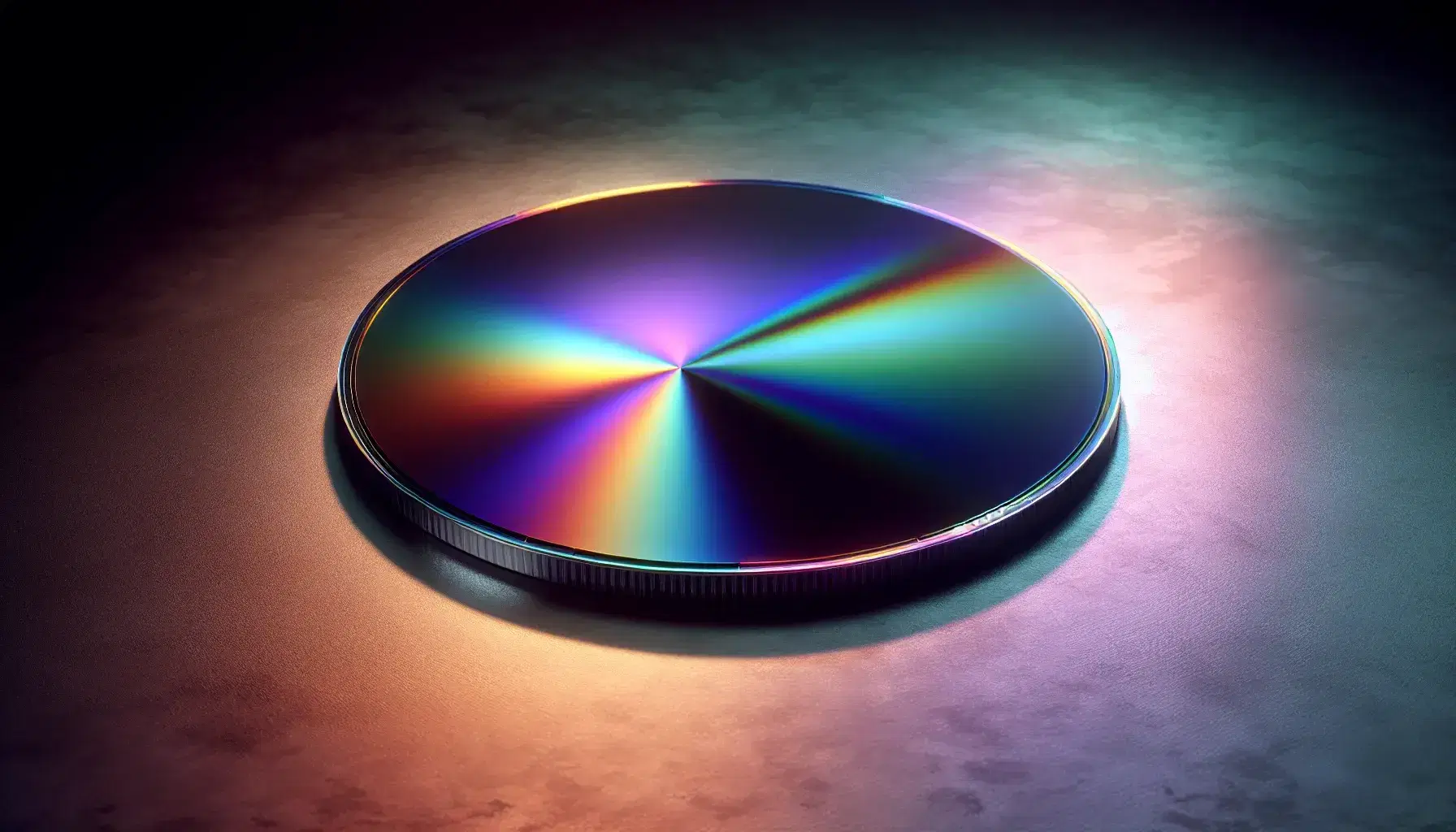 Close-up of a circular semiconductor wafer with reflective surface showing a rainbow of colors on a dark background.