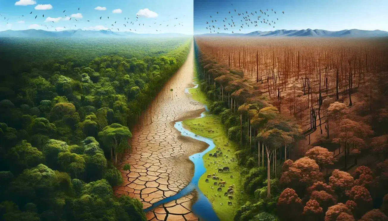 Paesaggio diviso in due: metà superiore con cielo azzurro e foresta verde rigogliosa, metà inferiore con terra arida e crepata.