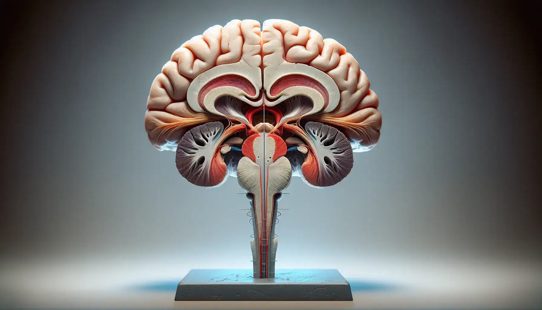 Modelo anatómico tridimensional del cerebro humano mostrando el hipotálamo y la glándula pituitaria en colores distintivos, con enfoque en el eje hipotálamo-hipófisis.