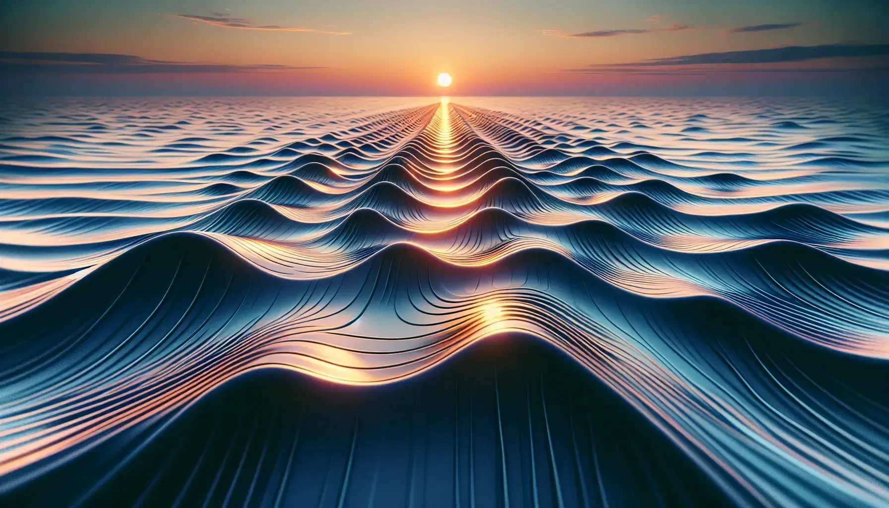 Tranquil ocean waves at sunset with smooth, sinusoidal shapes reflecting a gradient from dark blue to warm orange and pink hues, under a clear sky.