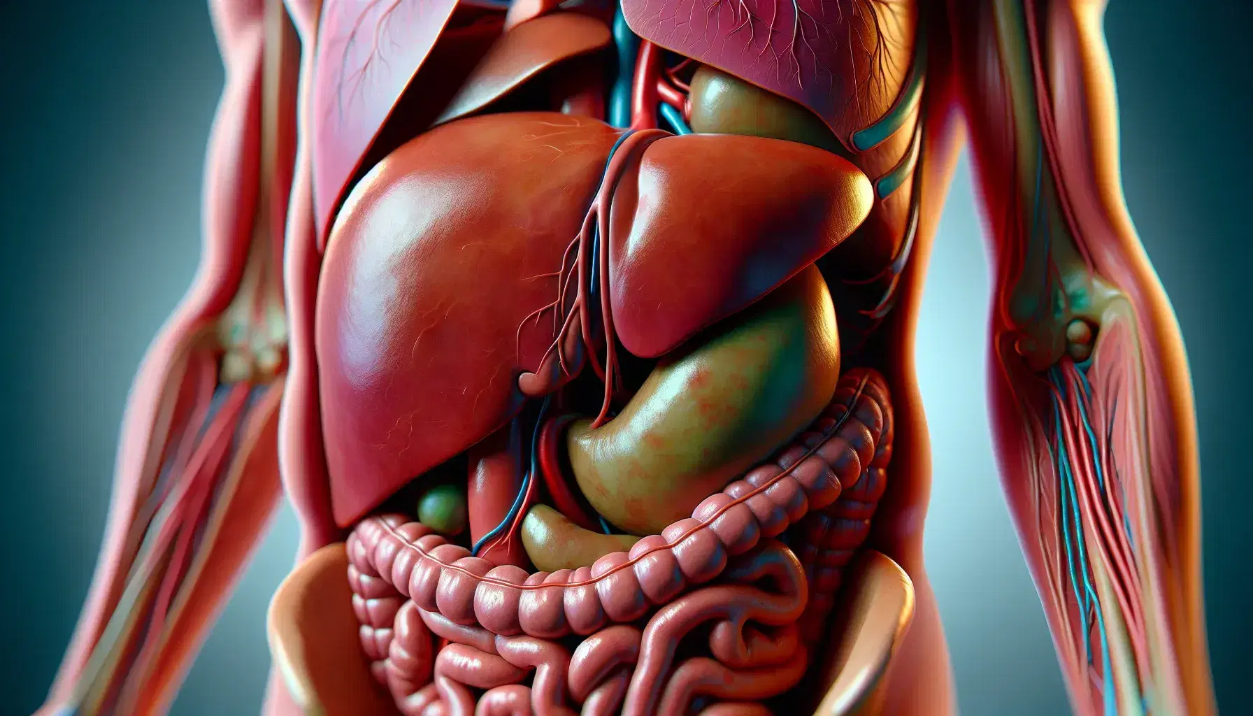 Representación anatómica detallada del hígado en tonos rojo-marrón y vesícula biliar en verde oscuro, mostrando sus contornos y texturas suaves.