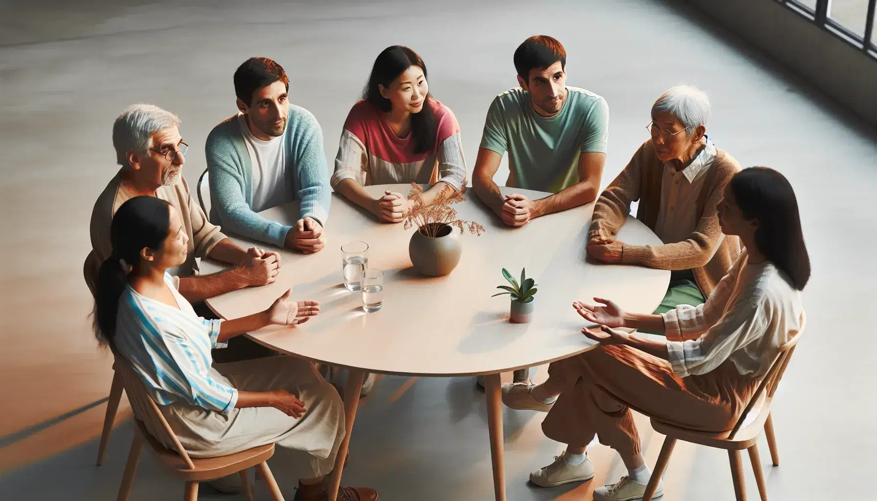 Grupo diverso de cinco personas conversando alrededor de una mesa redonda de madera en un ambiente cálido, mostrando interacción y diversidad etaria y étnica.