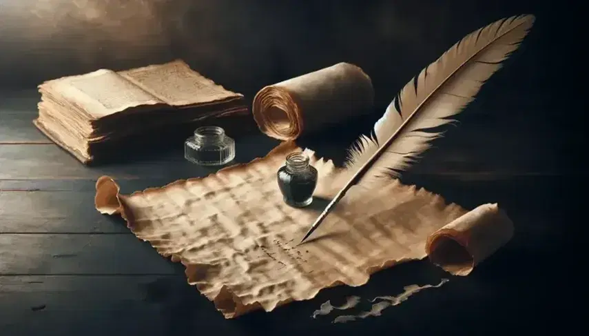 Pergamena antica parzialmente srotolata con piuma e calamaio su fondo legno scuro, libro aperto sfocato sullo sfondo.