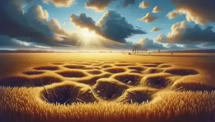 Campo di grano dorato con crateri nel terreno e fila di alberi spogli sullo sfondo sotto un cielo azzurro nuvoloso.