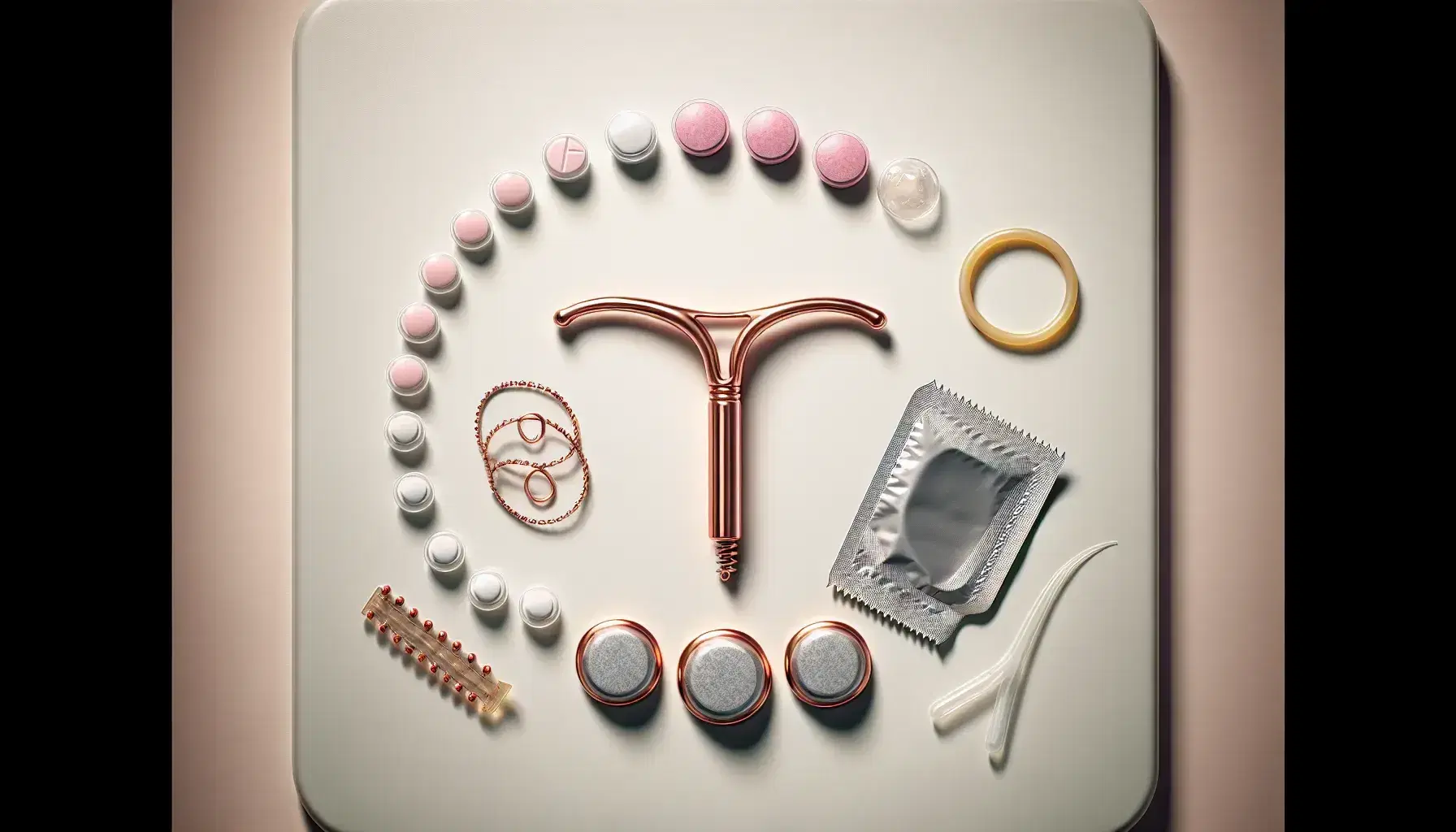 Dispositivo intrauterino de cobre en forma de T, blíster de píldoras anticonceptivas, condones masculino y femenino, y termómetro basal con lupa en superficie clara.