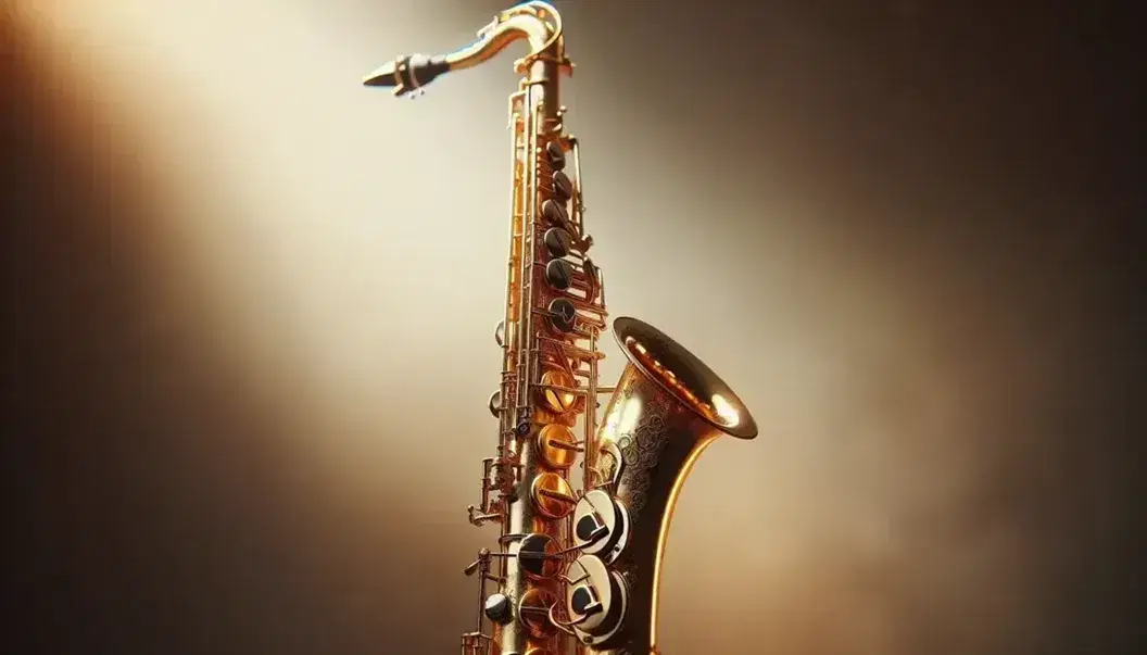 Sassofono alto dorato in primo piano con riflessi luminosi, tasti e cuscinetti neri, bocchino nero e ancia marrone chiaro su sfondo sfocato.