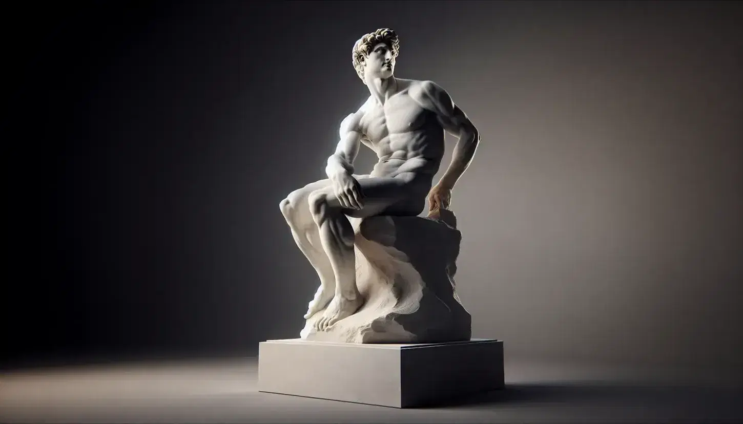 Scultura in marmo bianco neoclassica di figura maschile pensierosa seduta su blocco di pietra, con dettagli capelli ondulati e muscolatura definita.