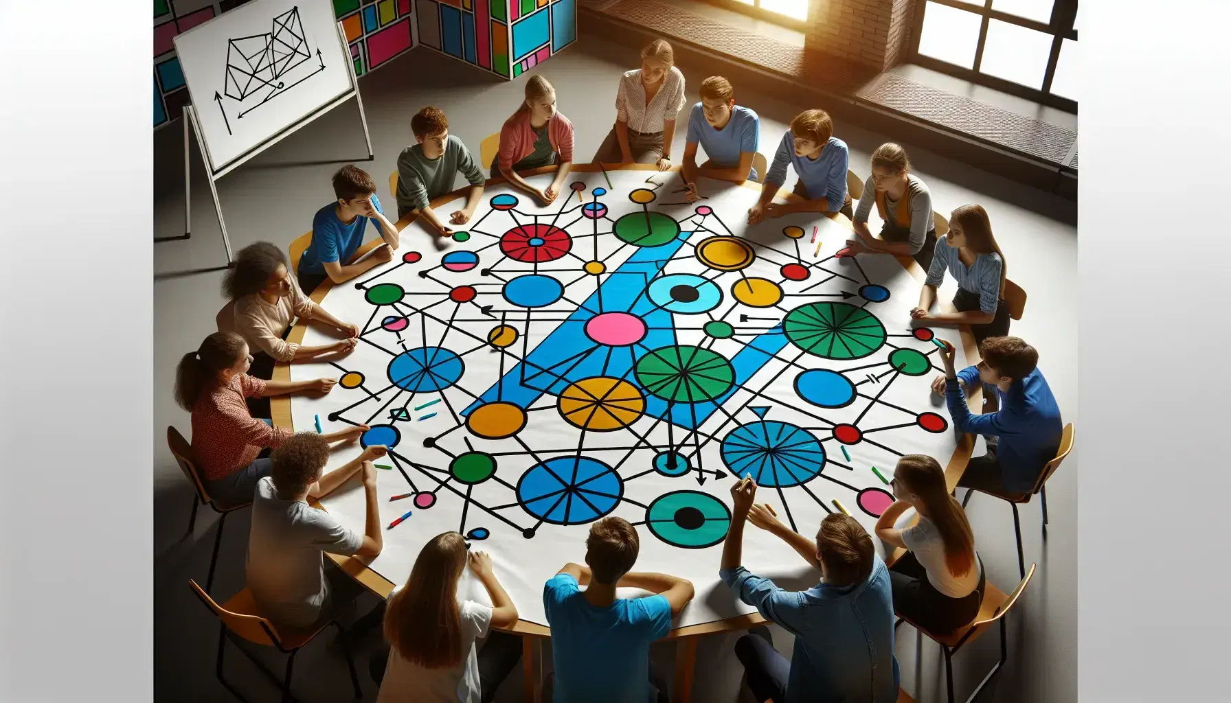 Estudiantes colaborando en un ejercicio de lógica con figuras geométricas de colores conectadas por líneas en una mesa redonda.