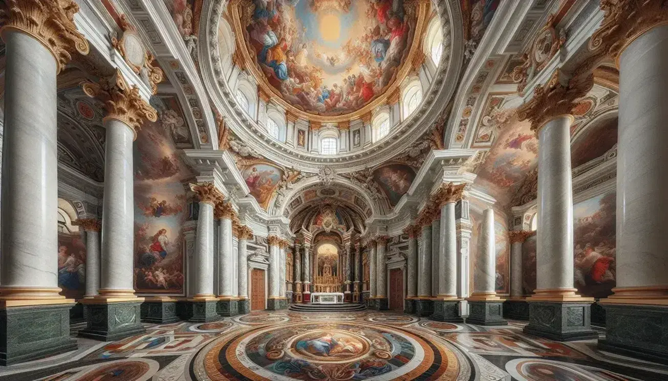 Interno barocco con cupola affrescata, colonne corinzie e pavimento in marmo policromo, senza persone o simboli moderni.