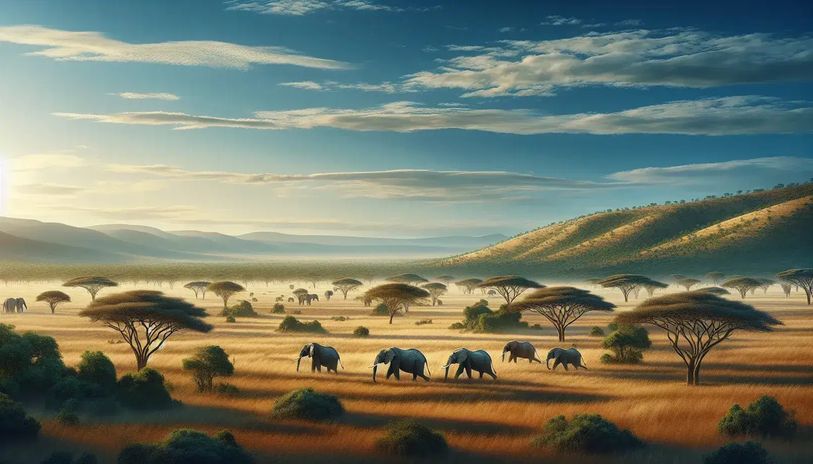 Manada de elefantes caminando en línea en una sabana africana con árboles de acacia, colinas verdes al fondo y cielo azul despejado.