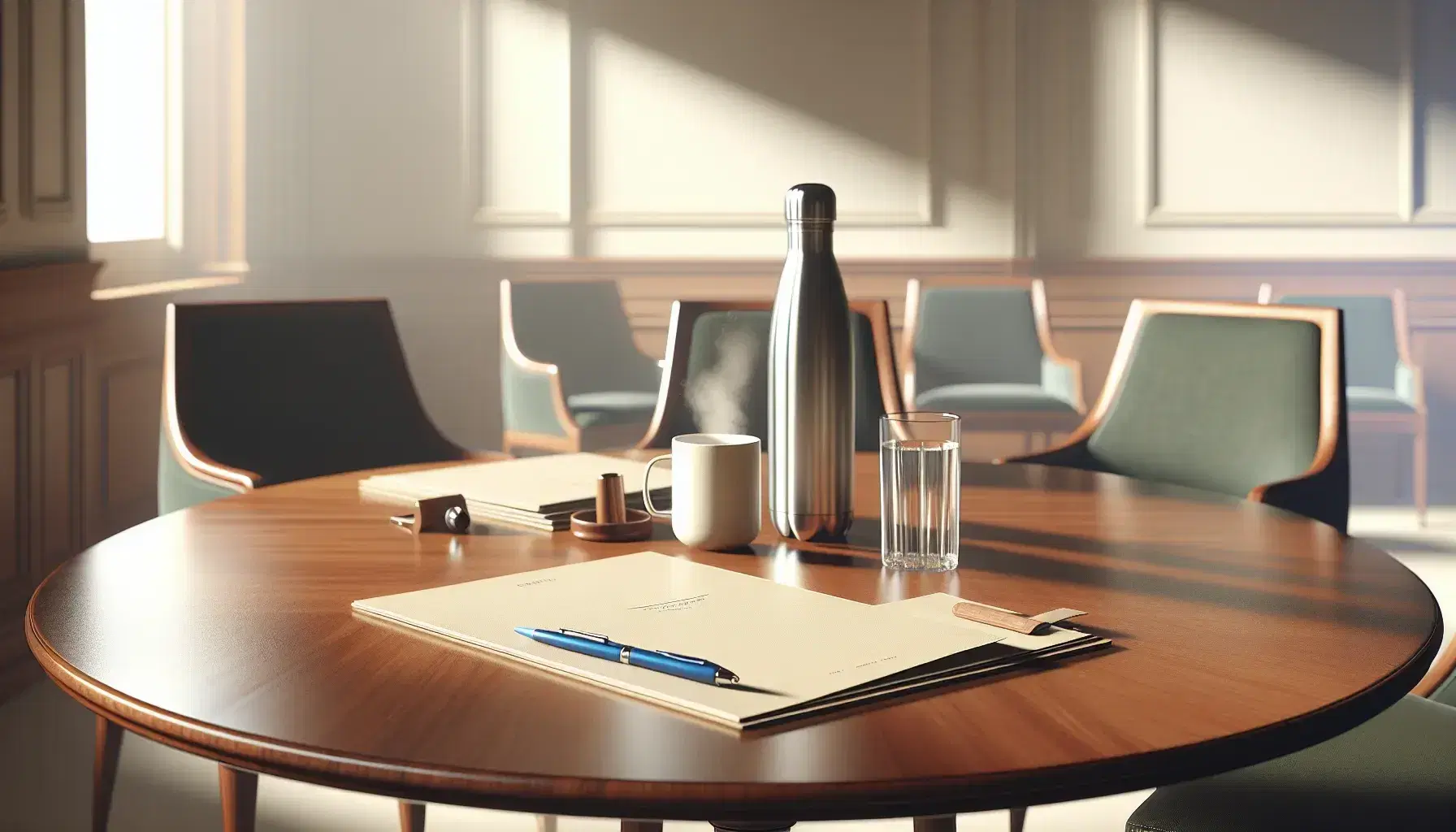 Round wooden table with a pen, paper stack, condensation-covered water bottle, and steaming coffee mug, flanked by three chairs with green cushions in a bright room.