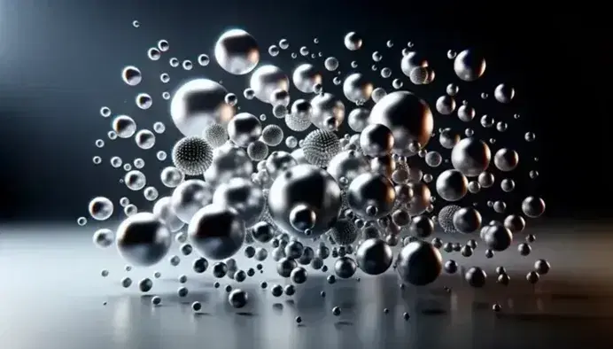 Esferas metálicas flotantes de diferentes tamaños con reflejos brillantes en un espacio indefinido, creando un patrón expansivo y tridimensional.