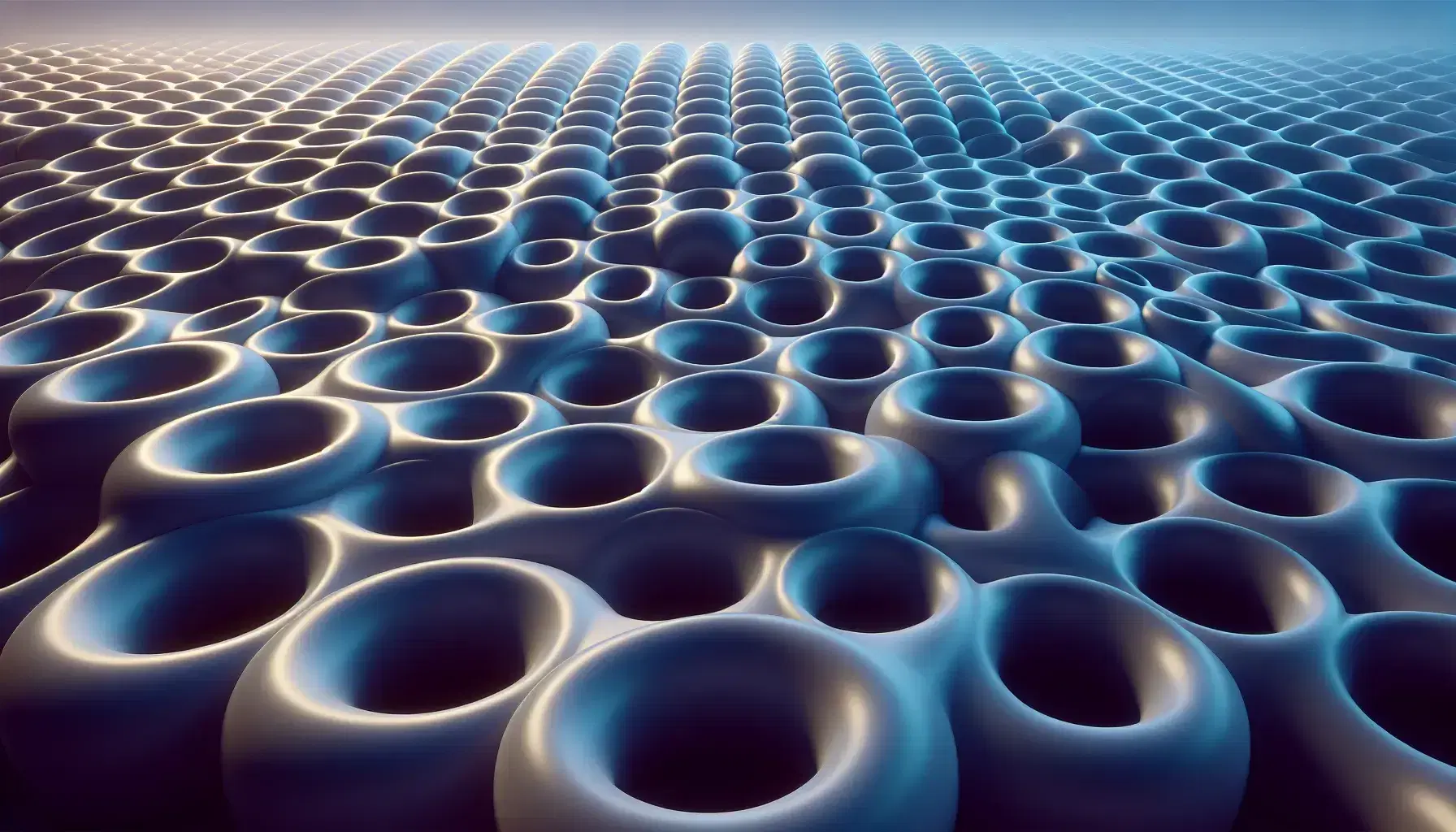 Smooth torus shapes in a gradient from indigo to sky blue form an infinite lattice on a blurred blue to white background, creating a serene 3D pattern.