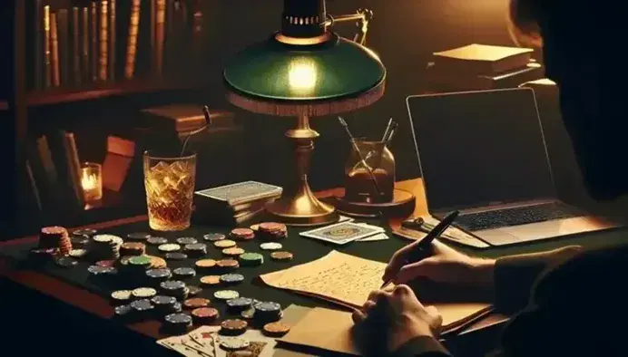Cluttered dark wooden desk in dimly lit room, with closed laptop, table lamp, scattered playing cards, glass with amber liquid and ice, gaming chips and clipboard.