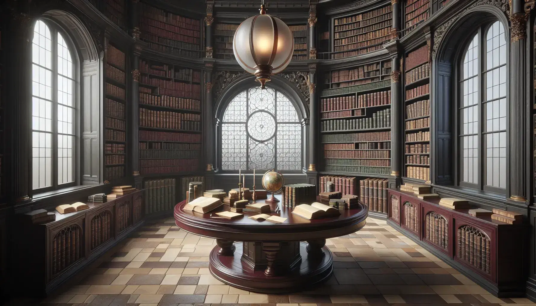 Biblioteca antica con scaffali in legno scuro pieni di libri, tavolo ovale con carte e penna, finestra ad arco e globo terrestre.