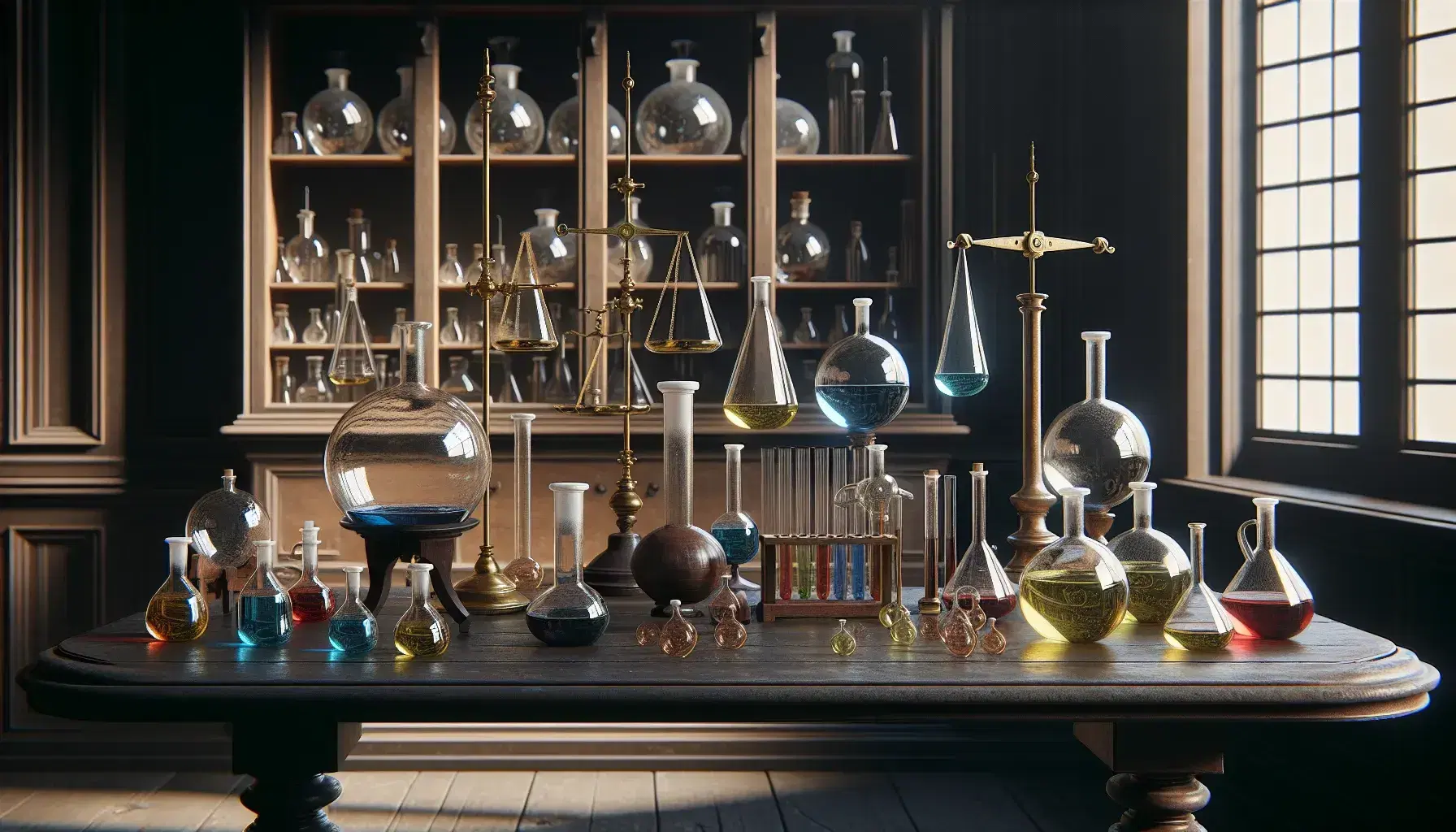 Laboratorio antiguo con mesa de madera oscura, alambiques de vidrio, frascos con líquidos coloridos, balanza de latón y pergamino en fondo de piedra.