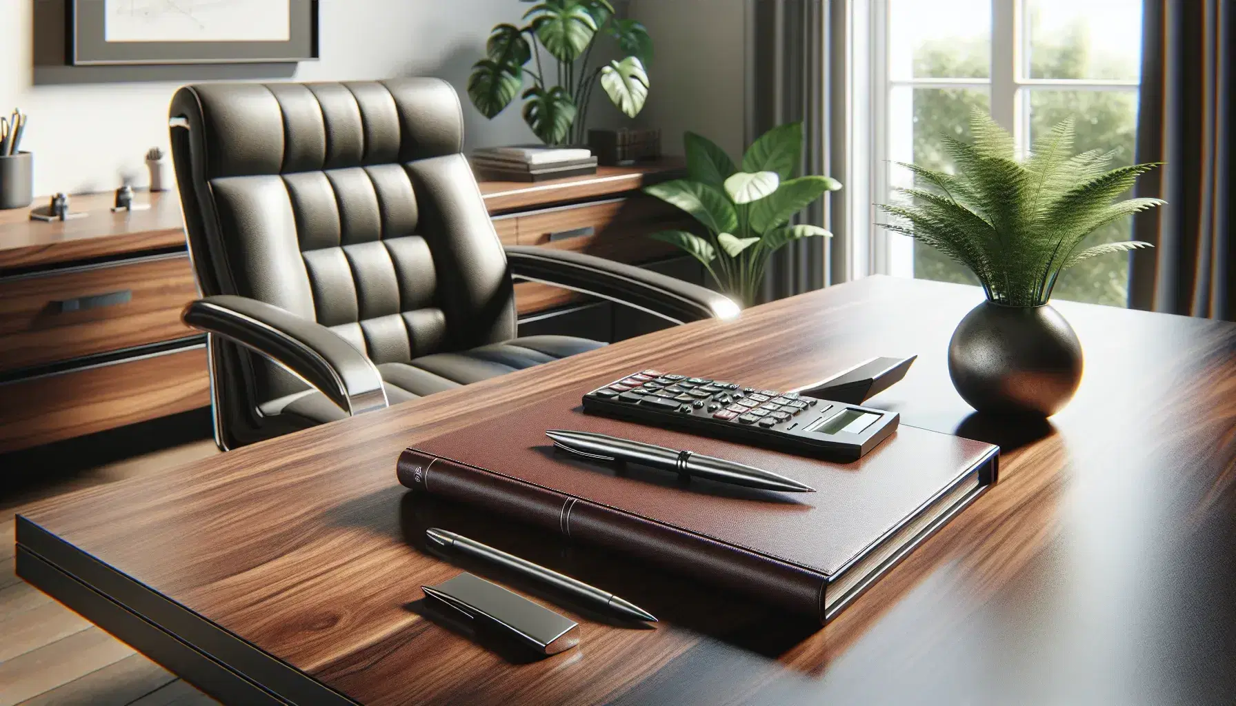 Polished wooden desk with modern calculator, silver pen on maroon ledger, black leather office chair, and potted plant by a sunny window.