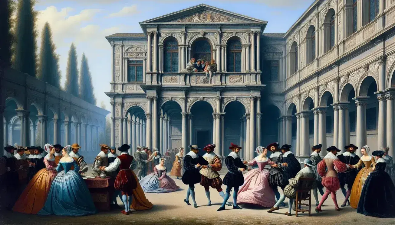 Cortile rinascimentale con persone in costume d'epoca danzanti, poeta che scrive e giullare che salta, sotto un cielo azzurro sereno.