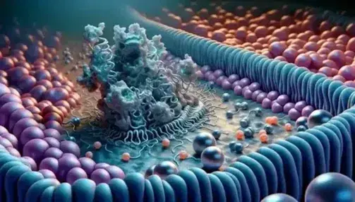 3D sodium-potassium pump embedded in the cell membrane with orange sodium and purple potassium ions ready for interaction.