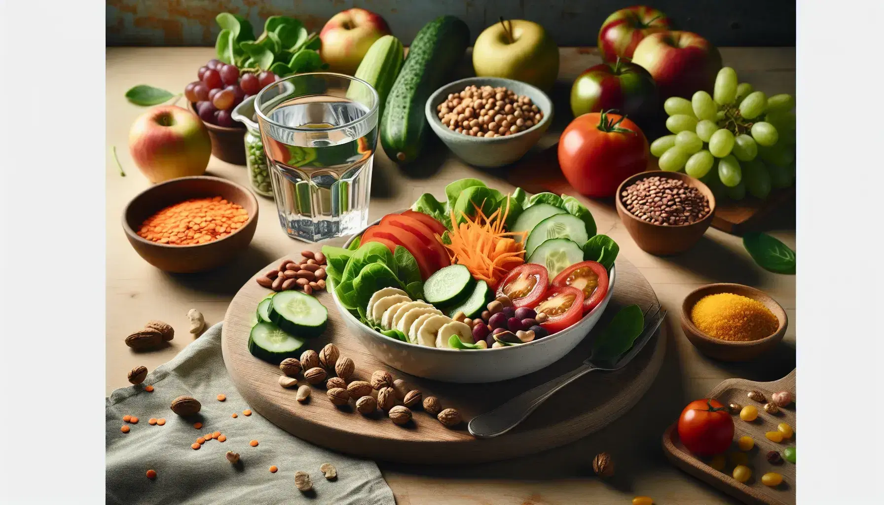 Mesa de madera clara con plato de ensalada mixta, vaso de agua, frutas variadas, nueces y tarros de legumbres, con panes integrales al fondo, bajo luz natural.