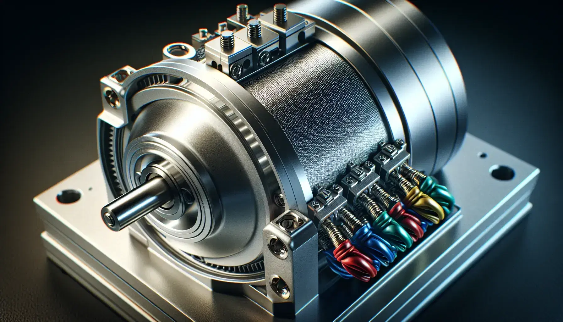Close-up of a silver stepper motor mounted on gray machinery with red, blue, green, and yellow wires, and a gloved hand in the background.