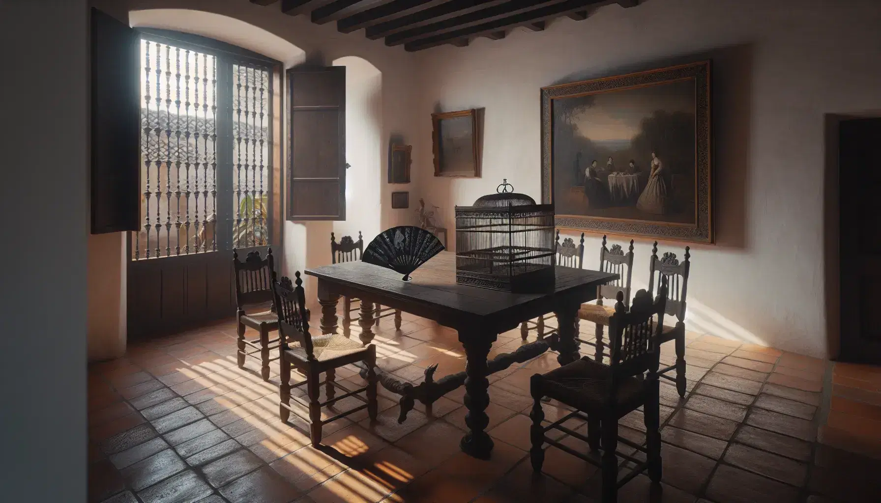 Escena en habitación al estilo español antiguo con mesa de madera, sillas de mimbre, jaula con pájaro gris y cuadro rural en pared iluminada por luz natural.