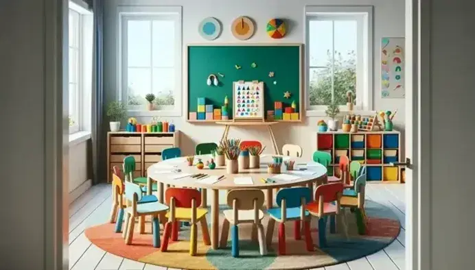 Aula scolastica colorata con tavolo rotondo, sedie multicolori, libri, giochi educativi e bambini che giocano su tappeto geometrico.
