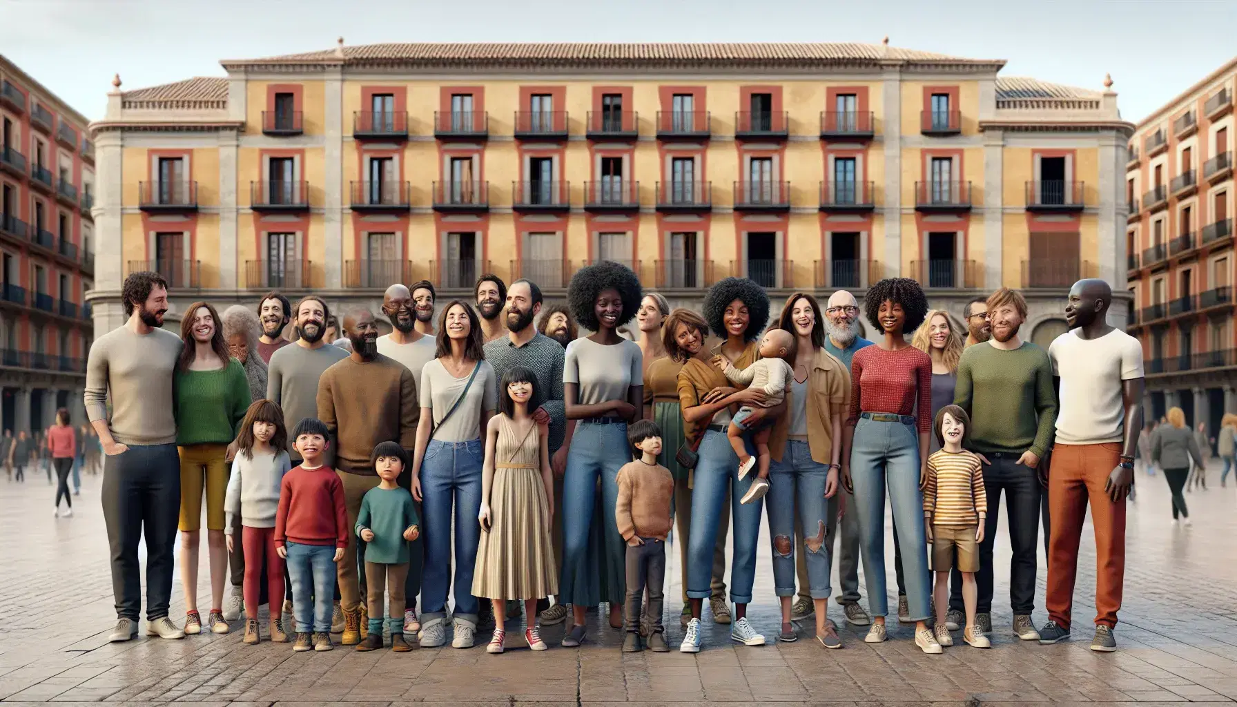 Diverse group of people mingling in a Spanish square with terracotta roofs and ornate balconies, under a clear blue sky, embodying cultural harmony.