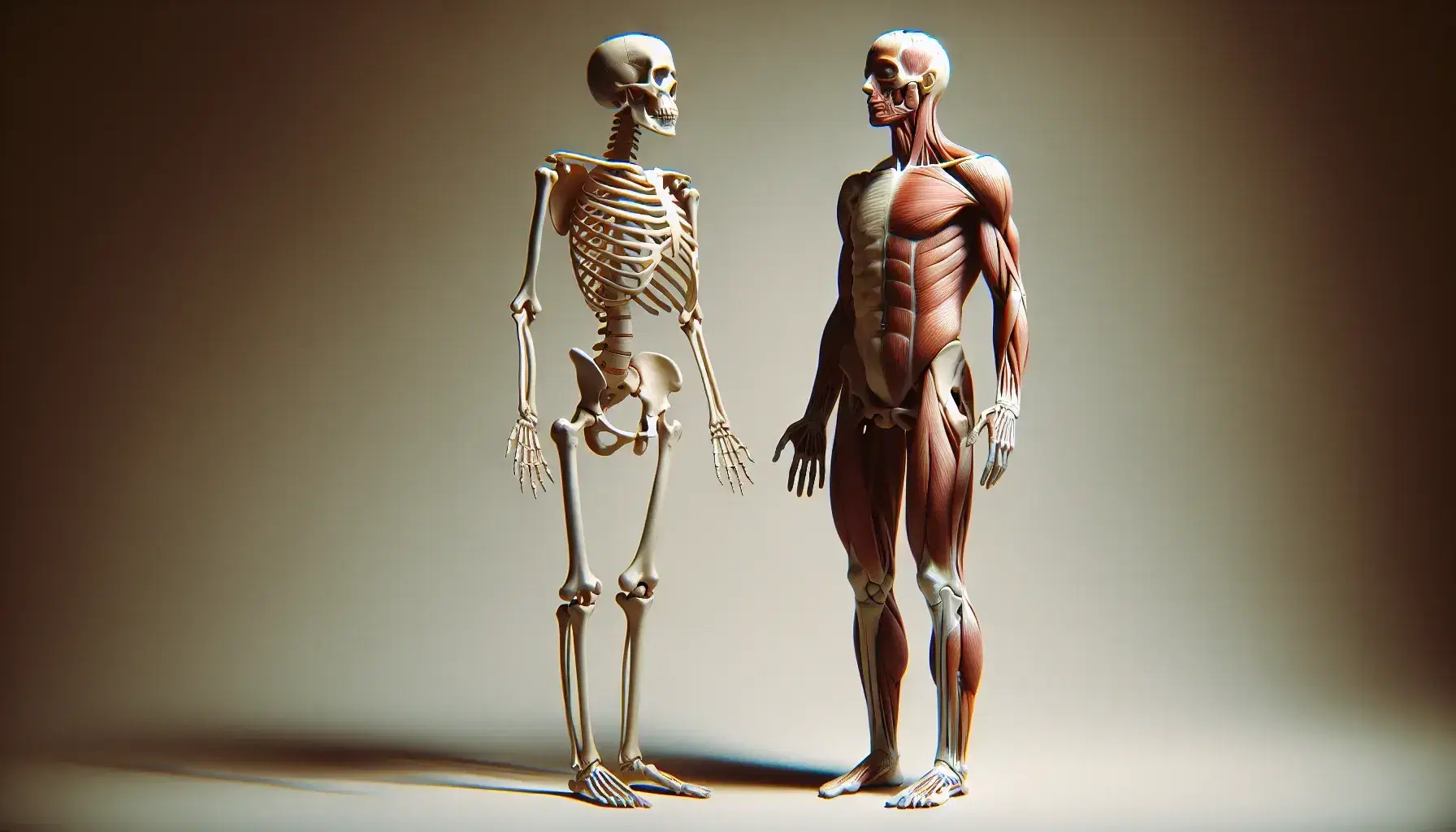 Scheletro umano completo e figura muscolare affiancati su sfondo neutro, evidenziando ossa e principali gruppi muscolari.