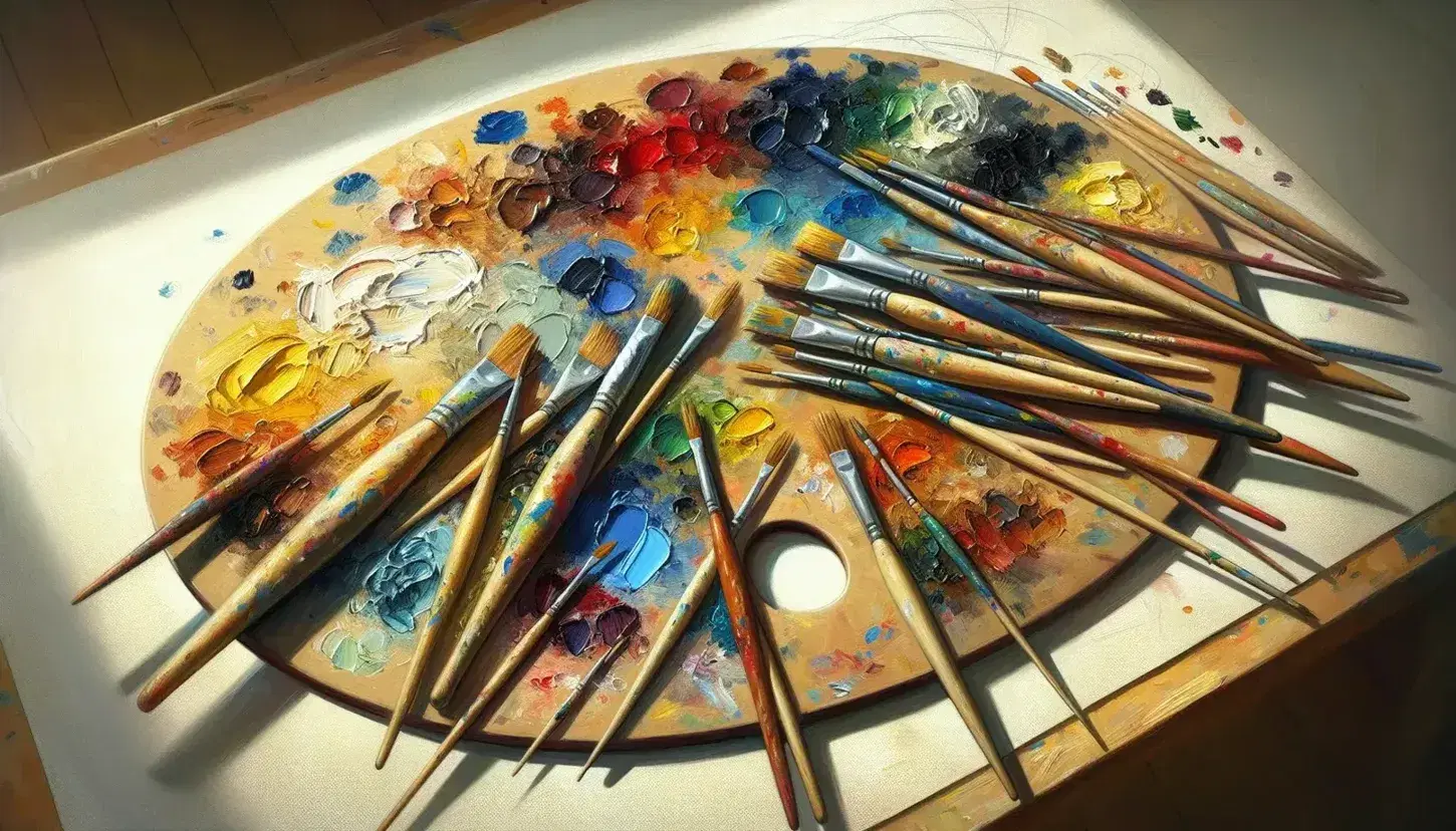 Tavolozza del pittore ovale con macchie di colori ad olio vivaci e pennelli assortiti, su sfondo sfocato di studio artistico con tela iniziata.