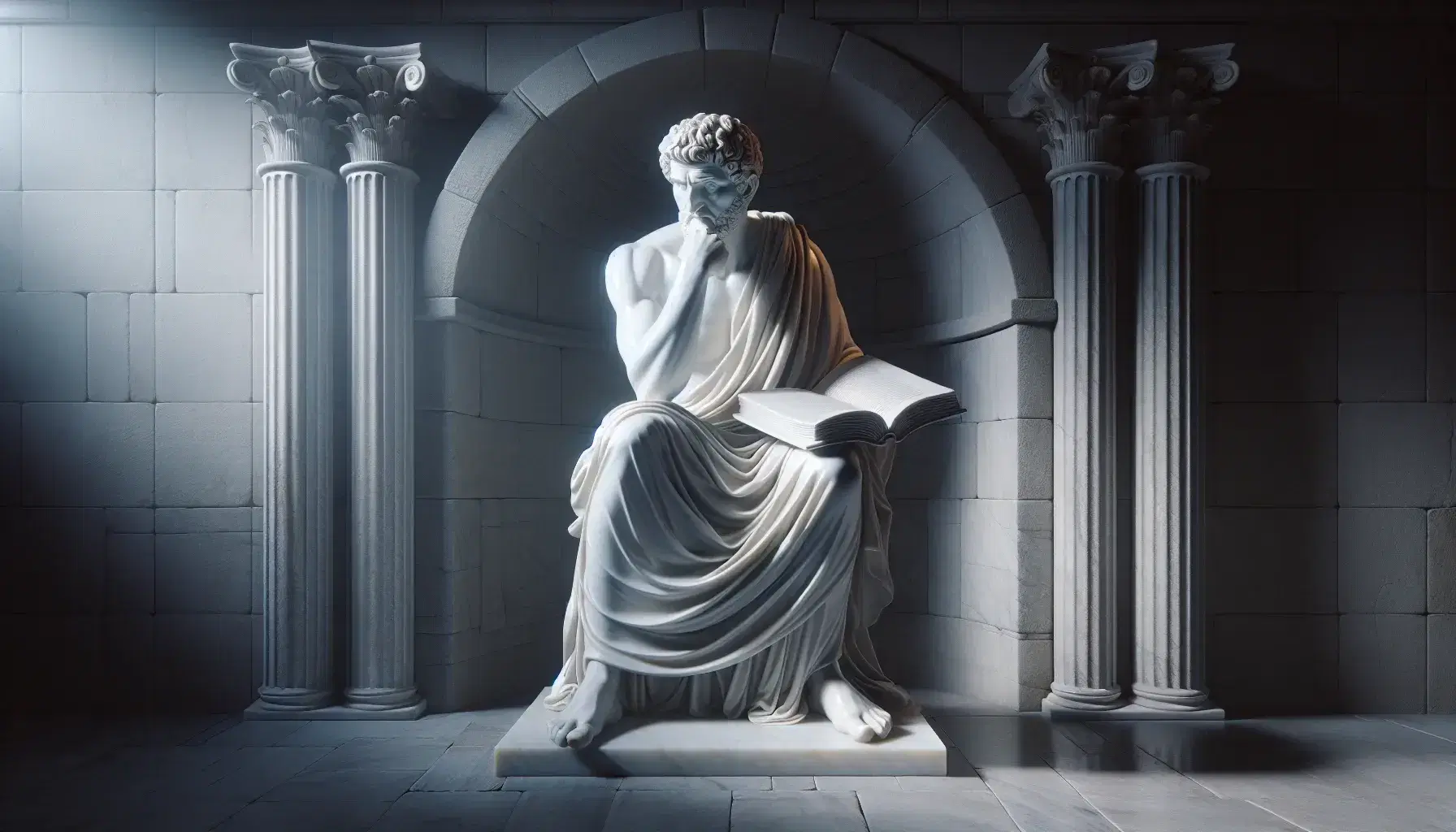 Statua in marmo bianco di Seneca seduto in toga con libro aperto sulle ginocchia, sfondo di colonne romane e pianta di alloro verde.