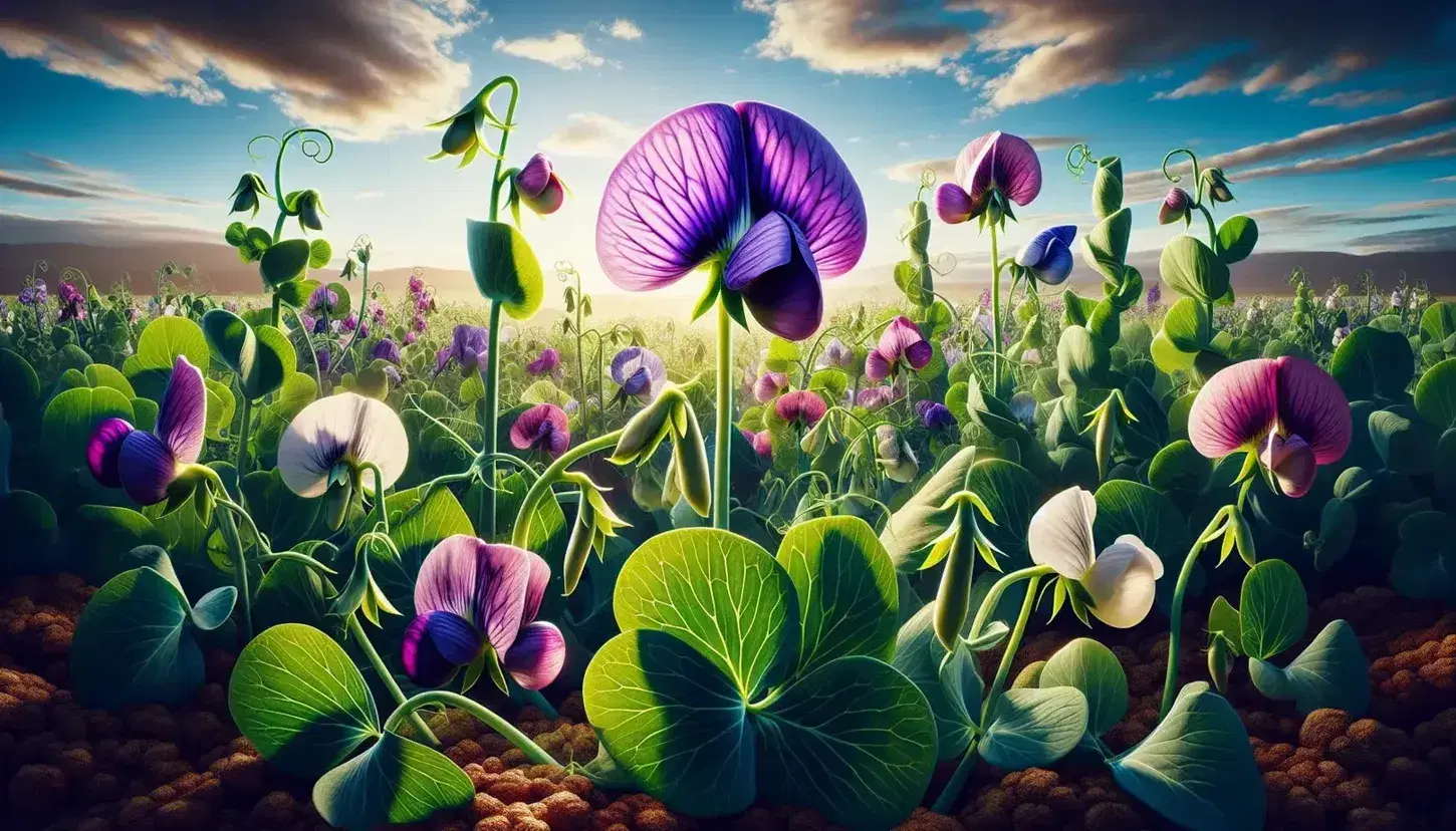 Flores de guisante en tonos púrpura y blanco con hojas verdes brillantes bajo un cielo azul con nubes dispersas, iluminadas por el sol.