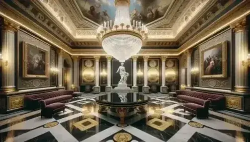 Interni neoclassici di una sala bancaria con lampadario di cristallo, tavolo in legno scuro, sedie in velluto rosso e statue marmoree.