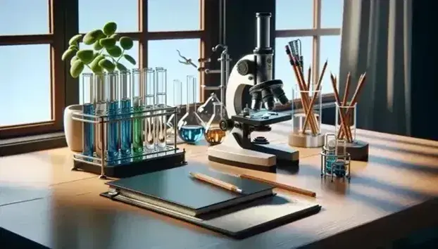 Mesa de laboratorio de madera con microscopio metálico, cuaderno azul, lápiz, tubos de ensayo con líquidos de colores y planta, frente a ventana iluminada.