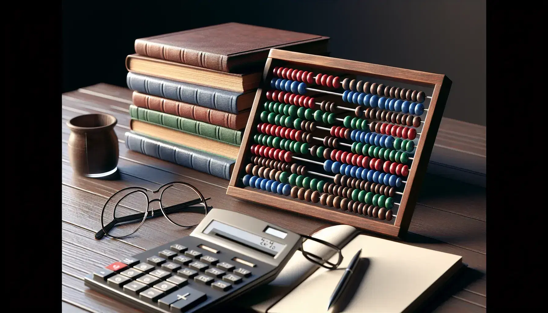 Escritorio de madera oscura con libros apilados, ábaco tradicional de colores, calculadora moderna y gafas sobre cuaderno abierto bajo luz natural.