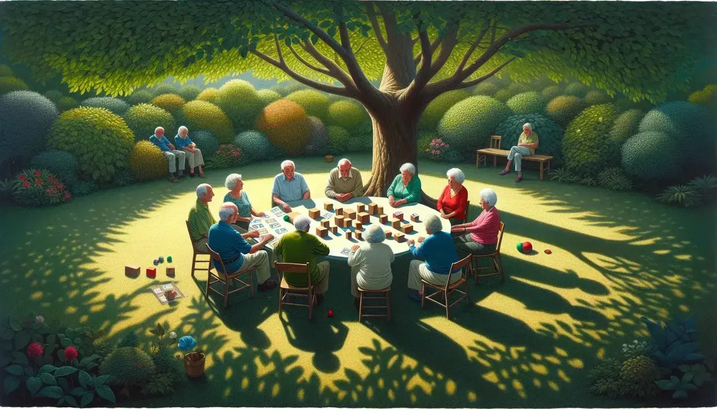 Grupo de ancianos disfrutando de juegos de mesa al aire libre bajo la sombra de un árbol frondoso, con un fondo de jardín florido y edificio al fondo en un día soleado.