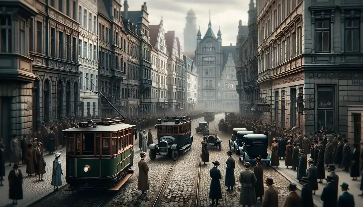 Scena urbana in Germania anni '20 con tram d'epoca, auto classiche, persone in abiti del periodo e edifici storici su strada acciottolata.
