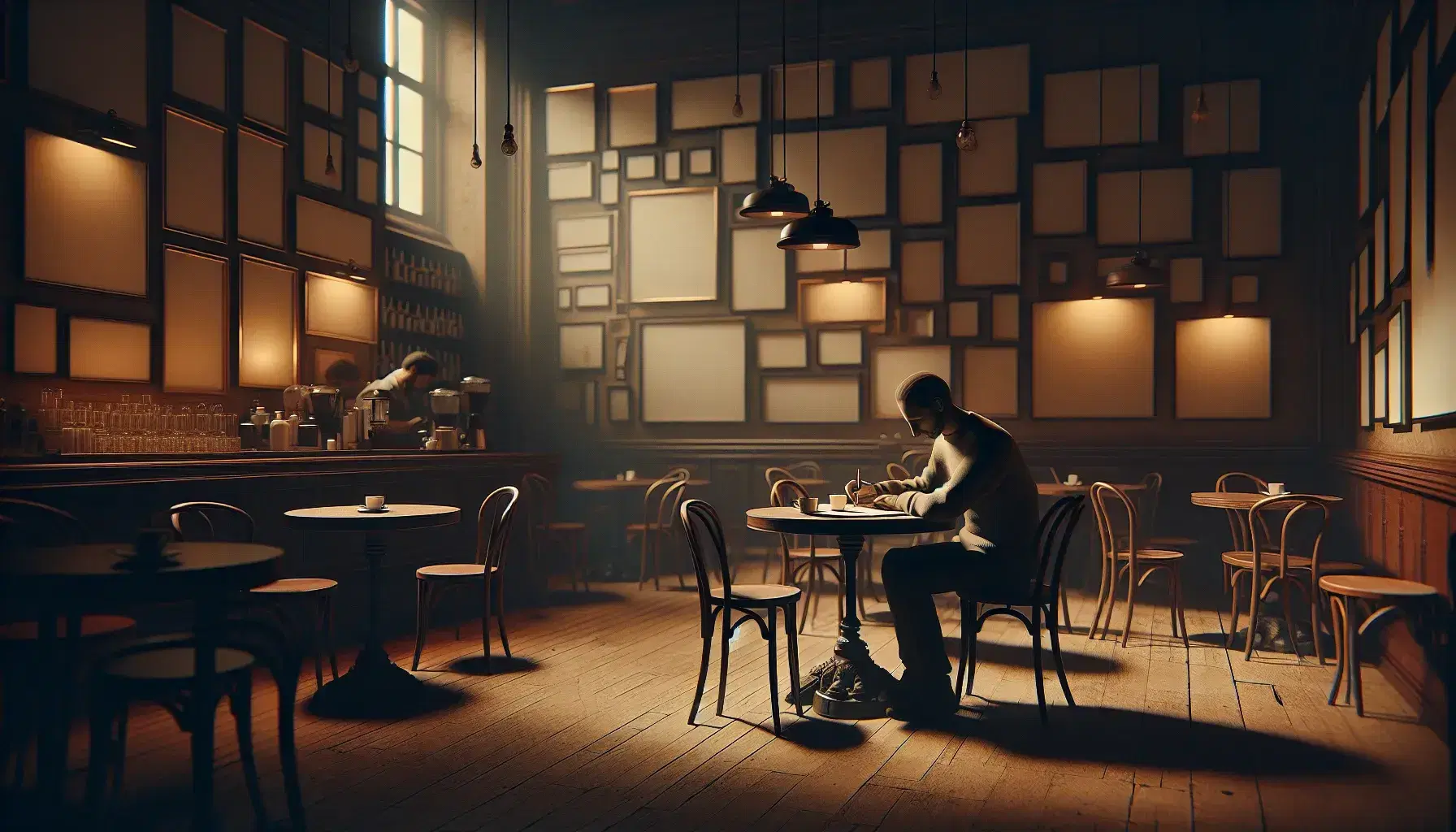 Cozy café interior with a contemplative person at a table, pen in hand, blank notebook, amidst empty chairs and picture frames, barista in background.
