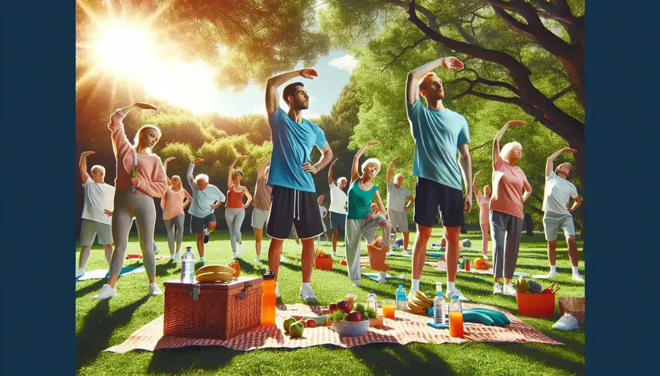 Grupo diverso realizando ejercicios de estiramiento en un parque soleado, con árboles verdes y cielo azul, y una cesta de picnic con frutas en primer plano.