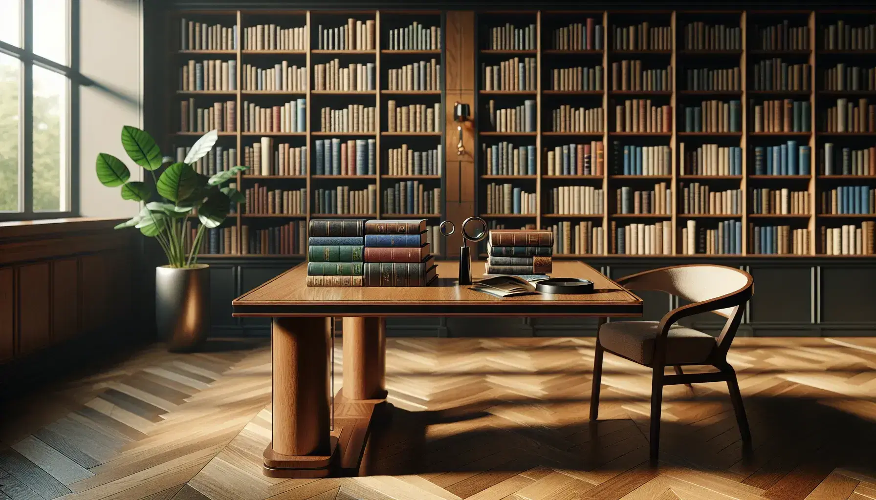 Biblioteca acogedora con estanterías de madera oscura llenas de libros, mesa con libros apilados y lupa, luz natural y planta verde.
