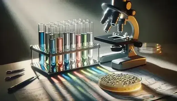 Tubos de ensayo con líquidos de colores en soporte metálico, microscopio y placa de Petri con colonias bacterianas sobre mesa de laboratorio.