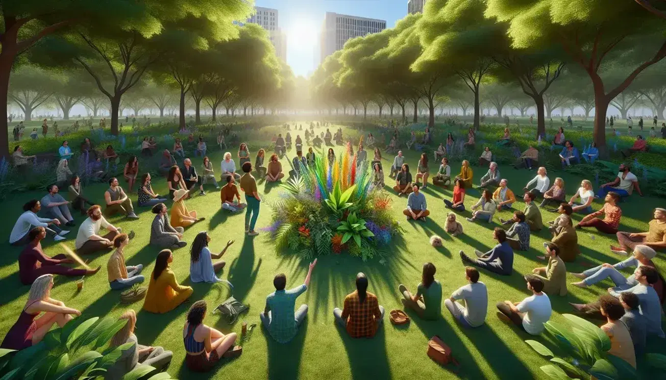 Grupo diverso de personas sentadas en círculo en un parque, conversando animadamente entre plantas y flores, bajo árboles y cielo azul.