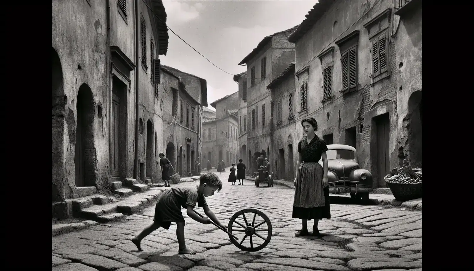 Scena di strada in bianco e nero con bambino che gioca con ruota, donna con cesto di verdure e edifici antichi, evocando il Neorealismo italiano.