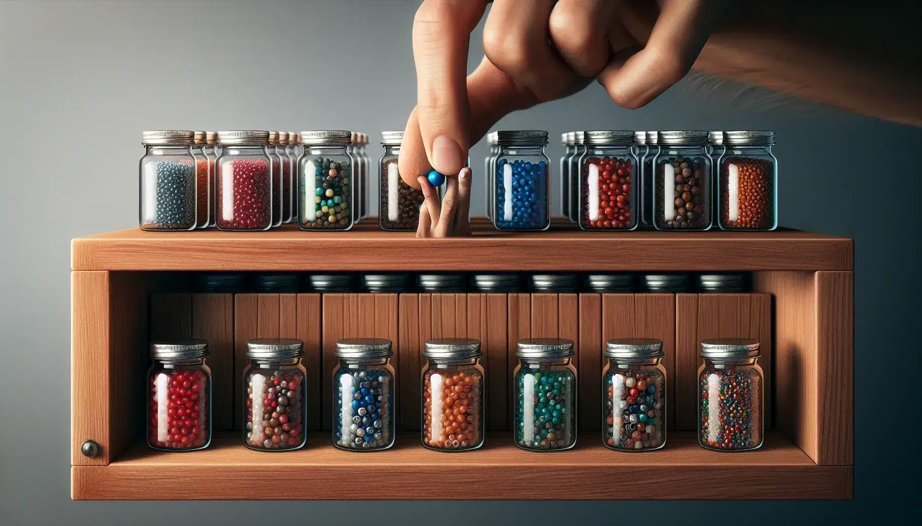 Hands holding a blue pearl in front of wooden shelf with glass jars containing colorful pearls, soft lighting.