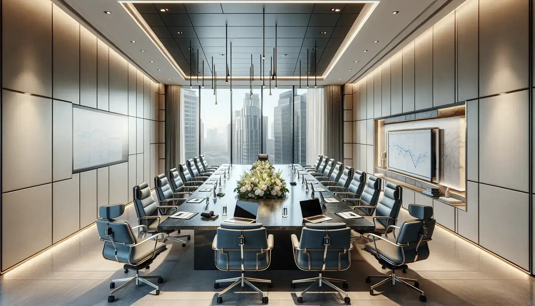 Sala de reuniones corporativa con mesa rectangular, sillas ergonómicas azules, laptops y tablets apagados, arreglo floral central y pizarra blanca al fondo.