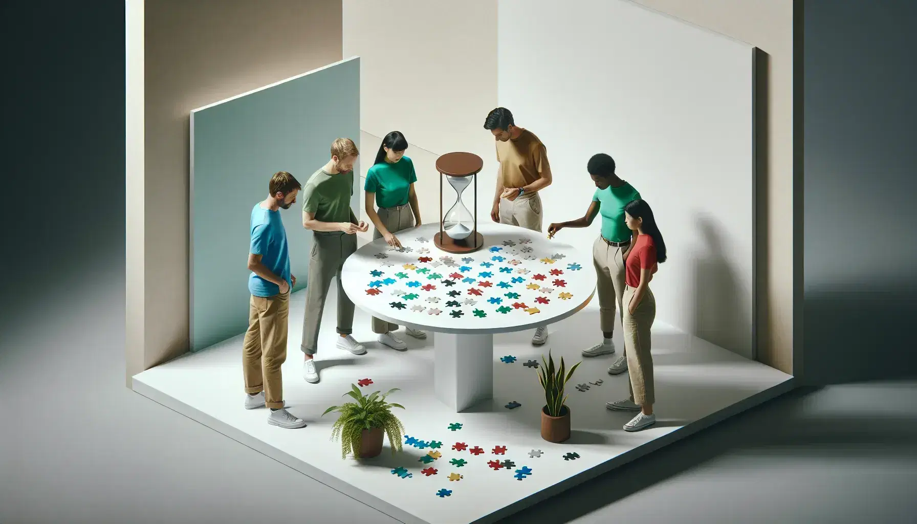 Grupo de cinco personas de diversas edades colaborando en un rompecabezas sobre una mesa redonda con un reloj de arena y una planta verde.
