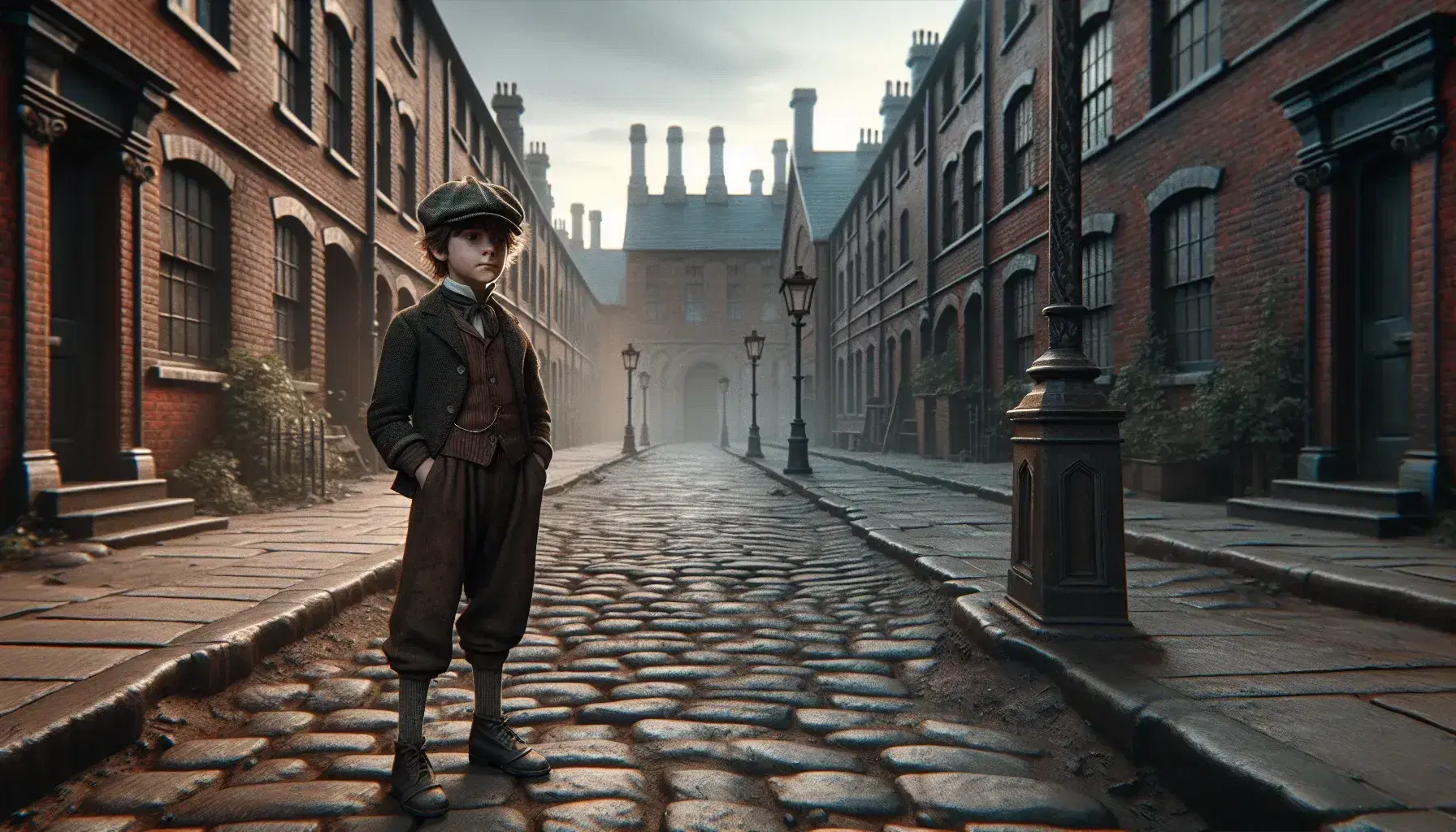 Victorian-era boy in tattered clothing stands on a cobblestone street with historic brick buildings and an unlit street lamp, evoking 19th-century England.