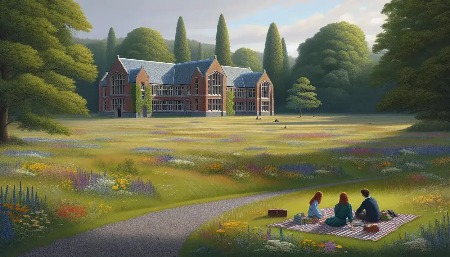 Serene pastoral landscape with a lush green field, wildflowers, a red brick building with arched windows, and three people relaxing on a checkered blanket.